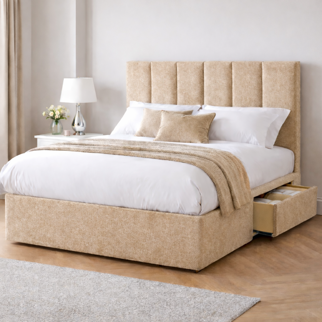 Chenille Bed with Headboard, Mattress & Drawer