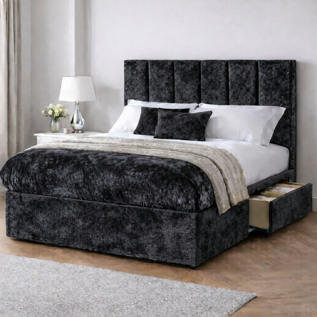 Crushed Velvet Bed with Headboard, Mattress & Drawer