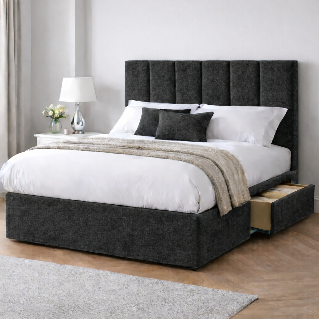 Chenille Bed with Headboard, Mattress & Drawer