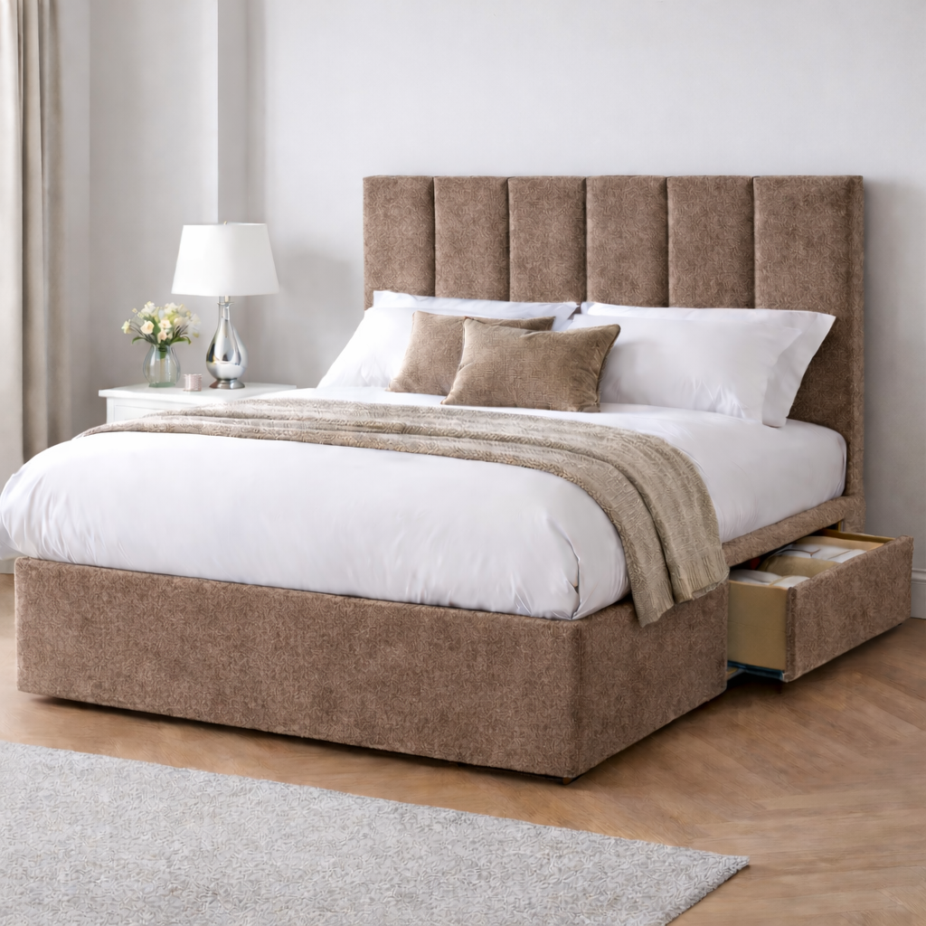 Chenille Bed with Headboard, Mattress & Drawer