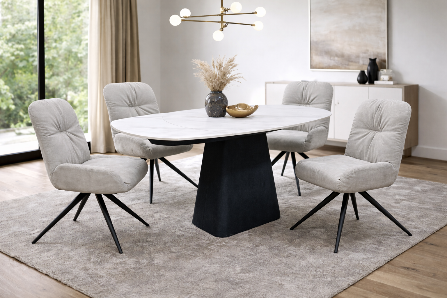 Cairn Motion Dining Table & 4 Light Grey Chairs