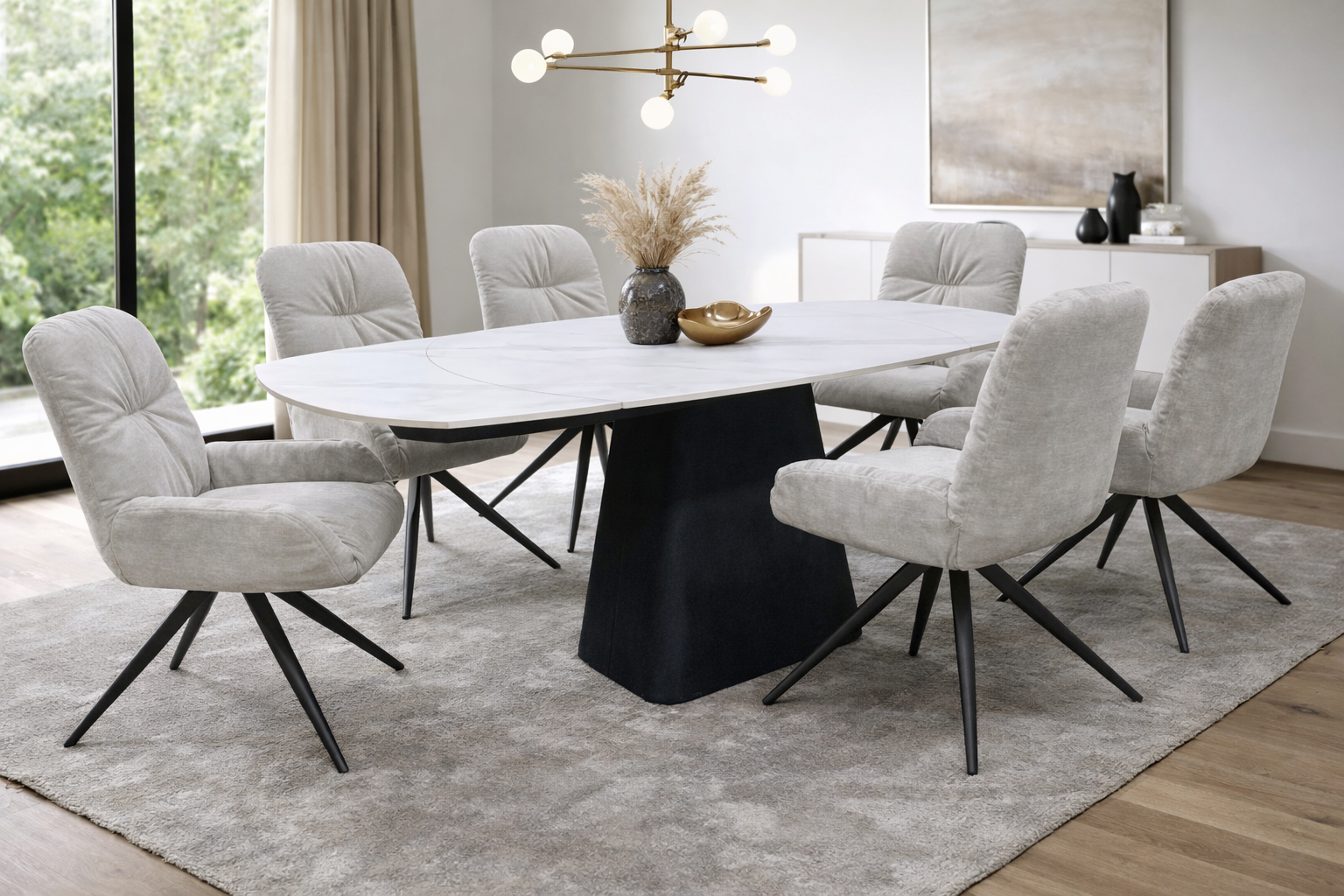 Cairn Motion Dining Table & 6 Light Grey Chairs