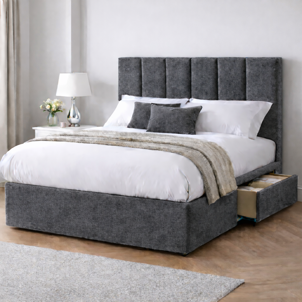 Chenille Bed with Headboard, Mattress & Drawer