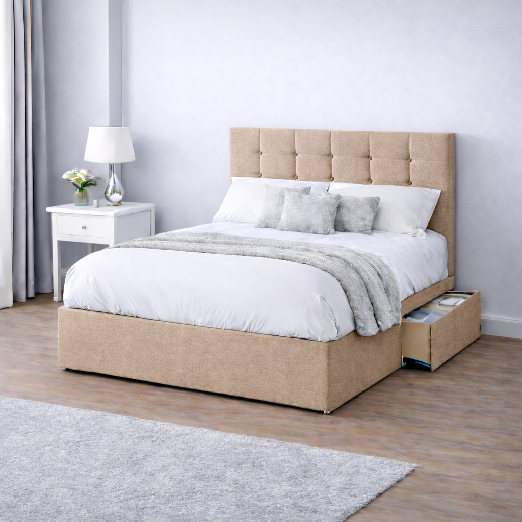 Chenille Bed with Headboard, Mattress & Drawer