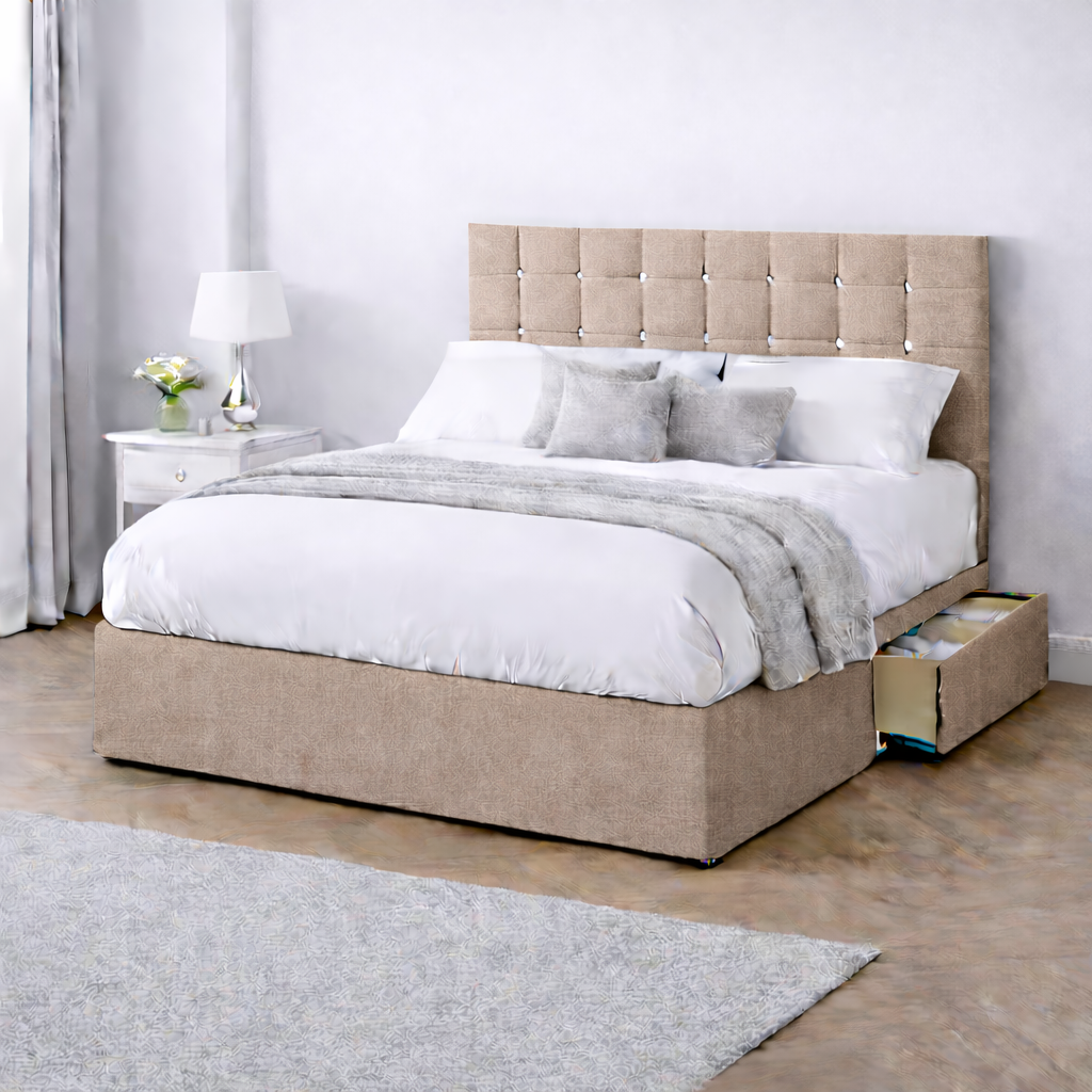 Chenille Bed with Headboard, Mattress & Drawer
