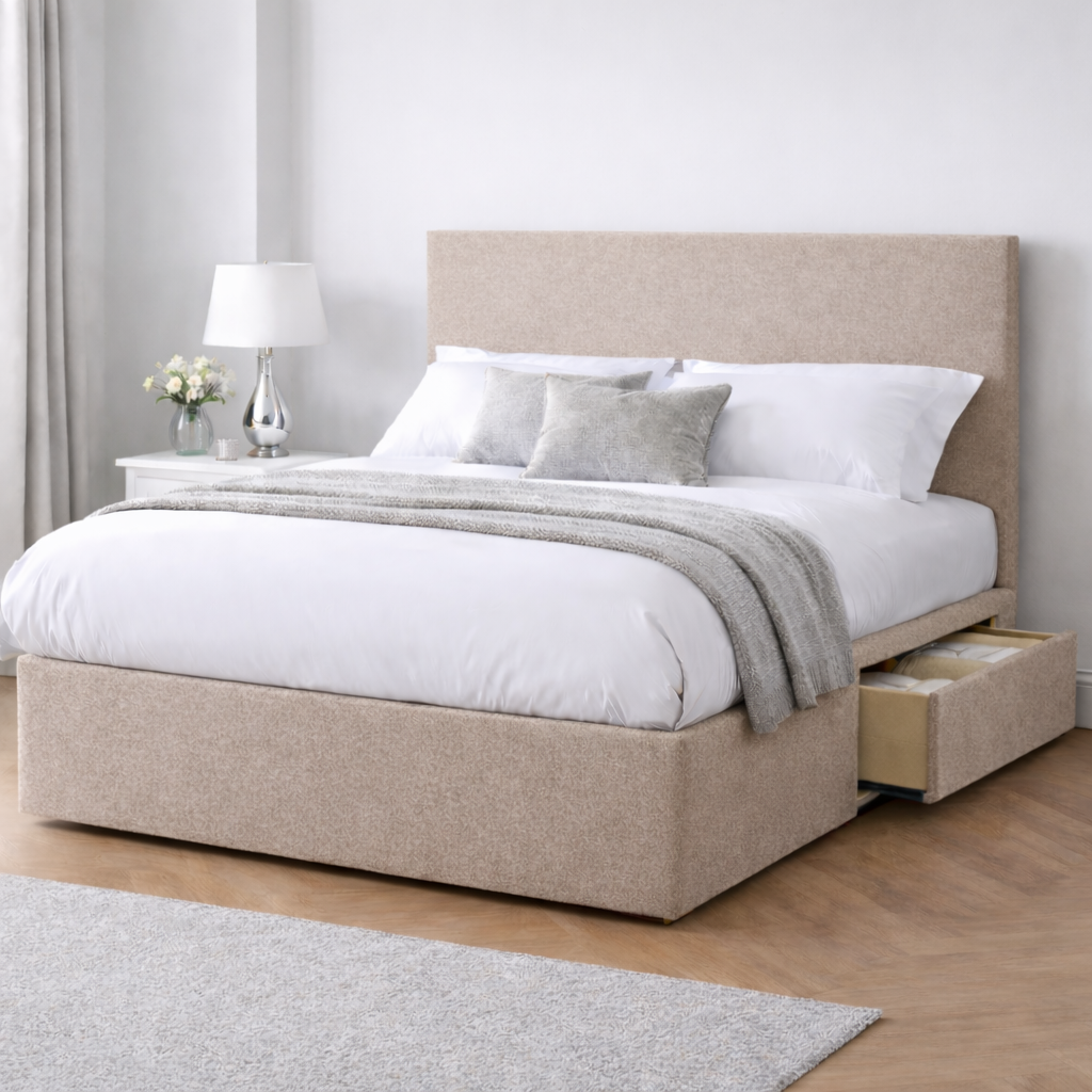 Chenille Bed with Headboard, Mattress & Drawer