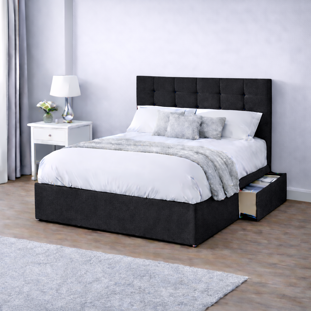 Chenille Bed with Headboard, Mattress & Drawer