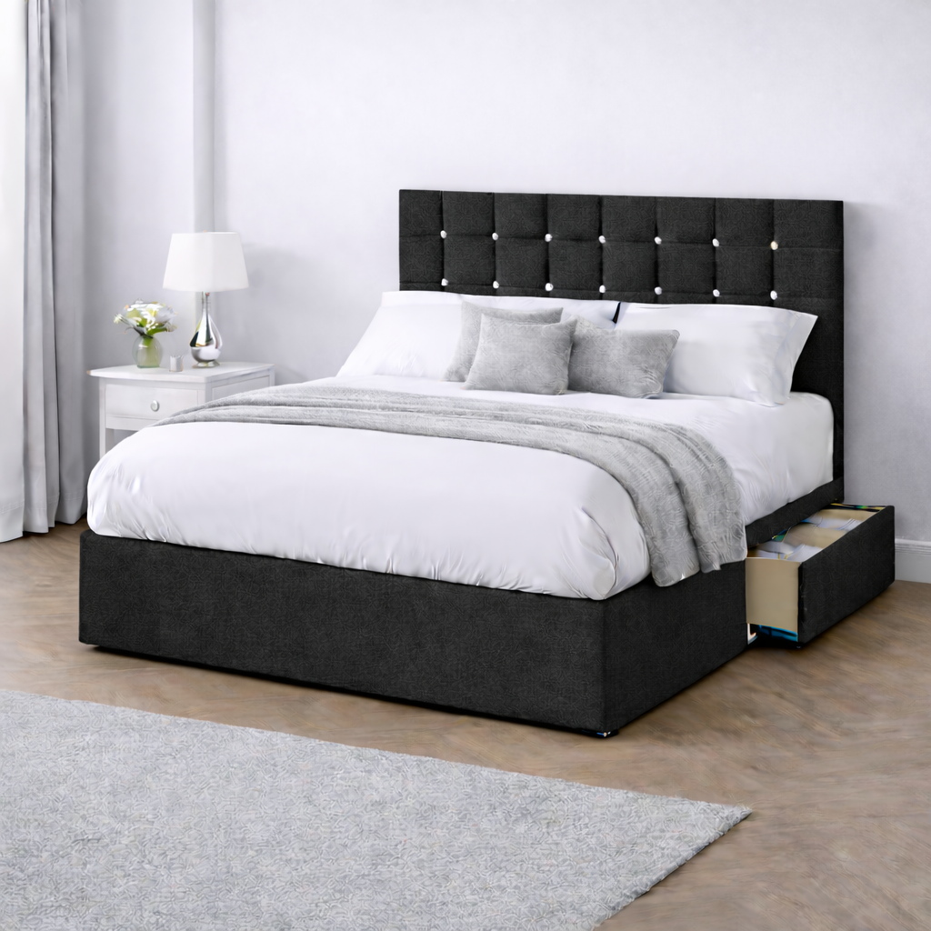 Chenille Bed with Headboard, Mattress & Drawer