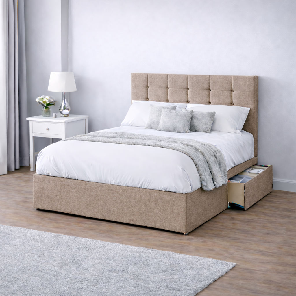 Chenille Bed with Headboard, Mattress & Drawer