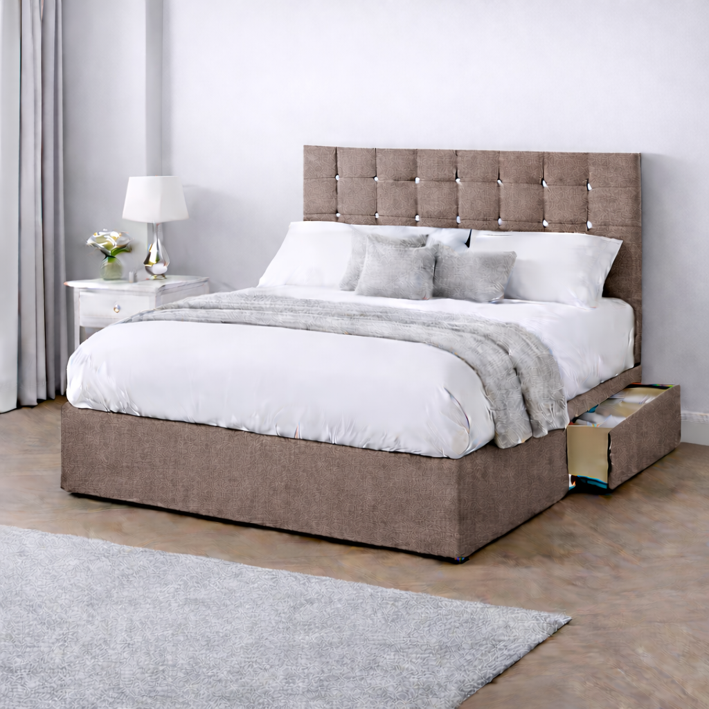 Chenille Bed with Headboard, Mattress & Drawer