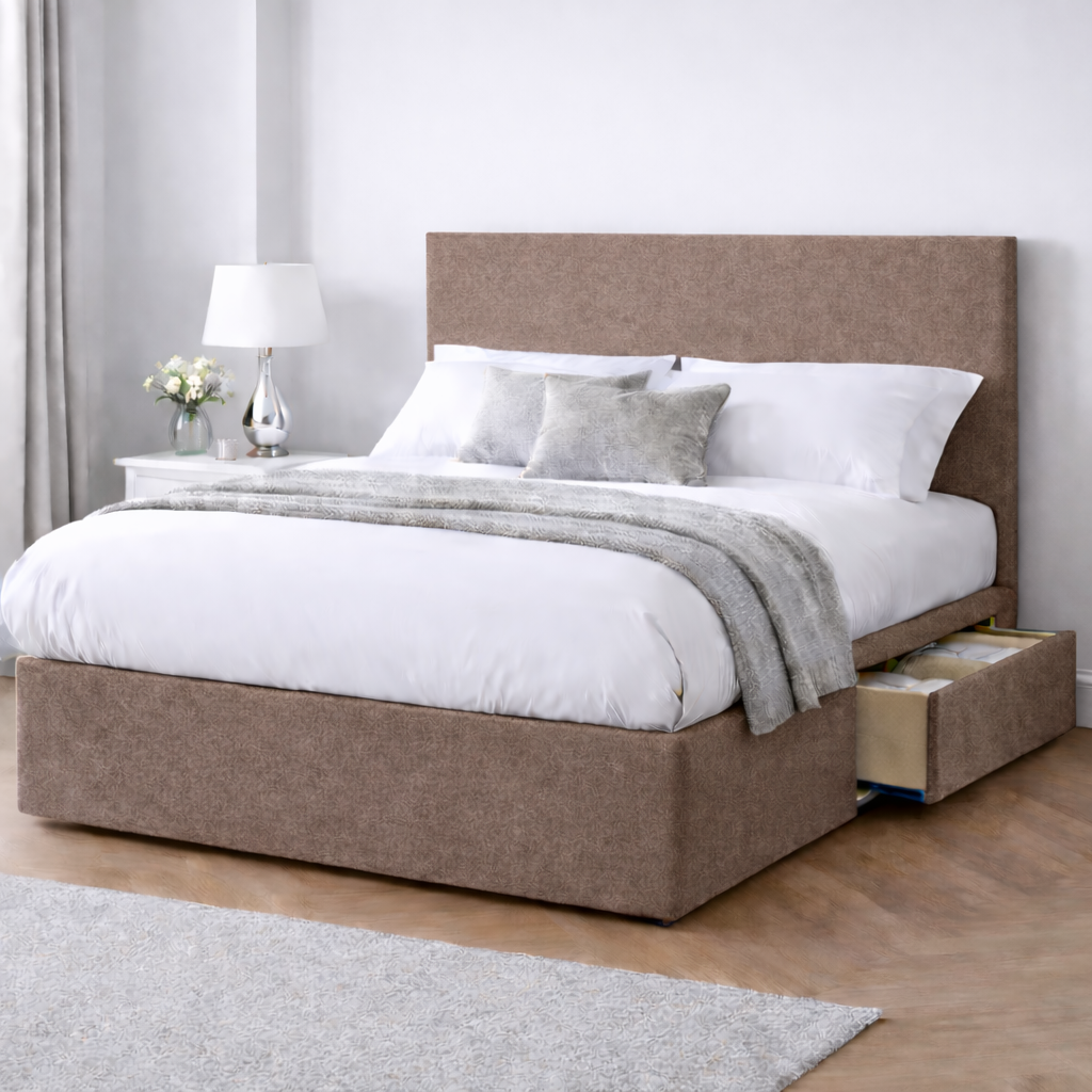 Chenille Bed with Headboard, Mattress & Drawer