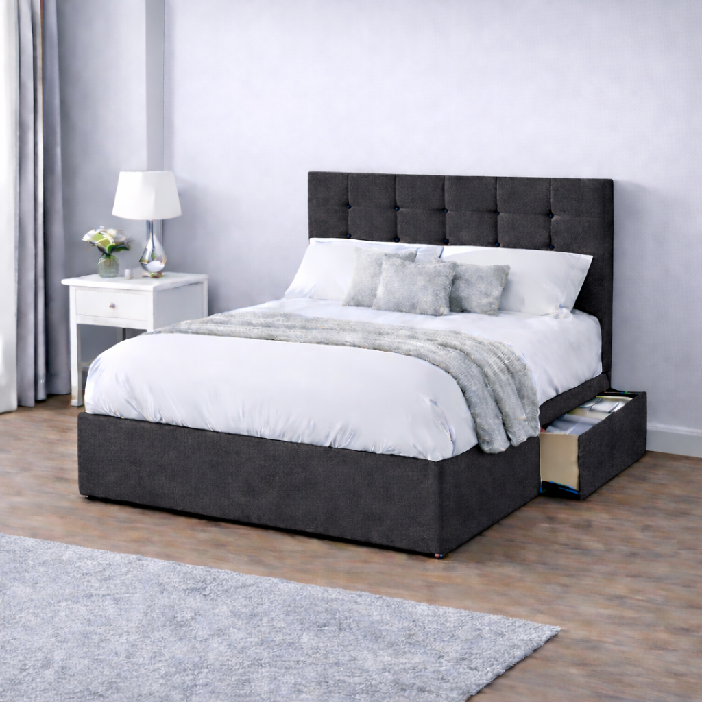 Chenille Bed with Headboard, Mattress & Drawer