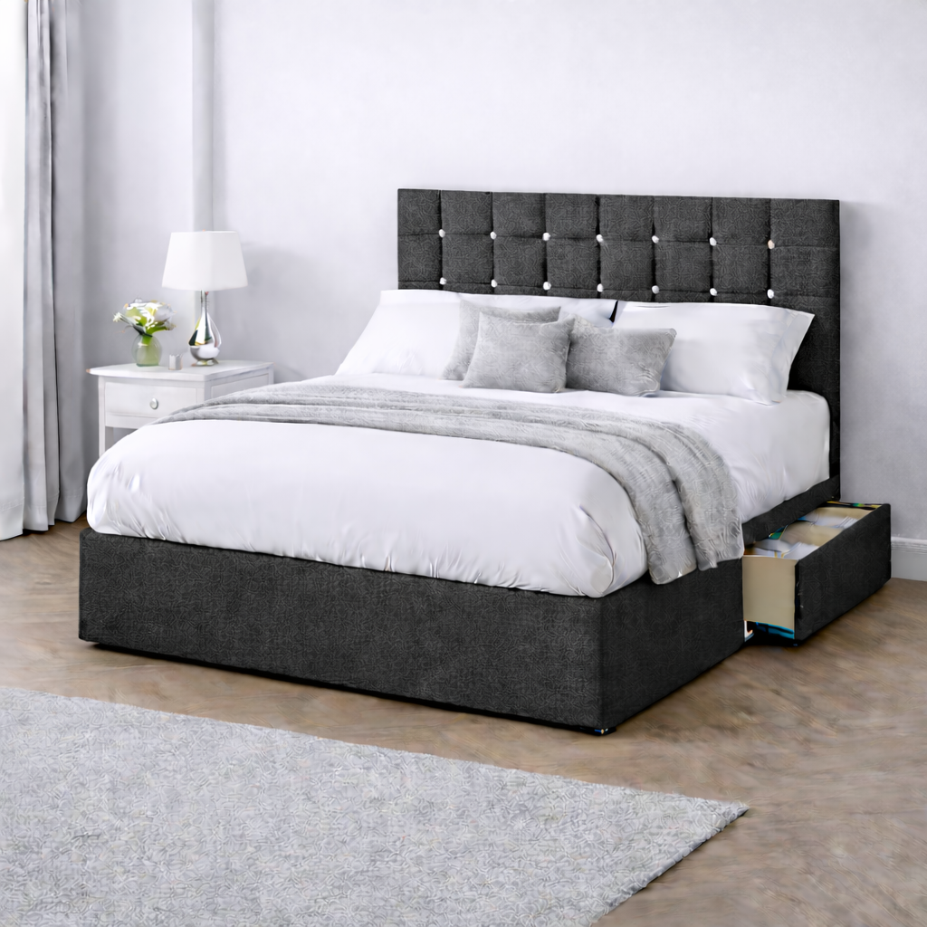 Chenille Bed with Headboard, Mattress & Drawer