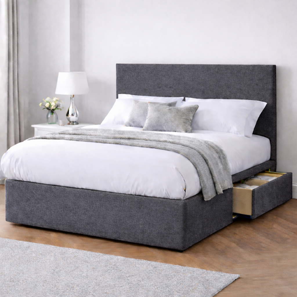 Chenille Bed with Headboard, Mattress & Drawer