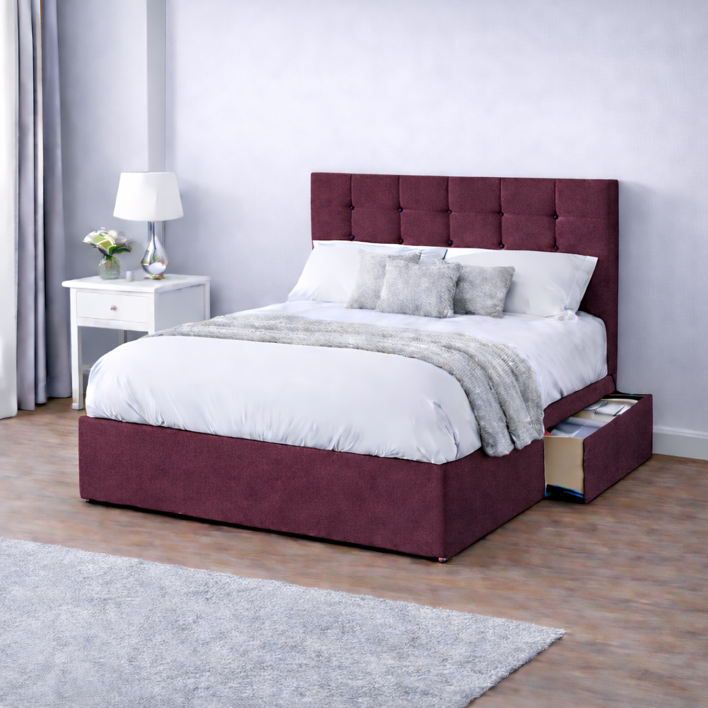 Chenille Bed with Headboard, Mattress & Drawer