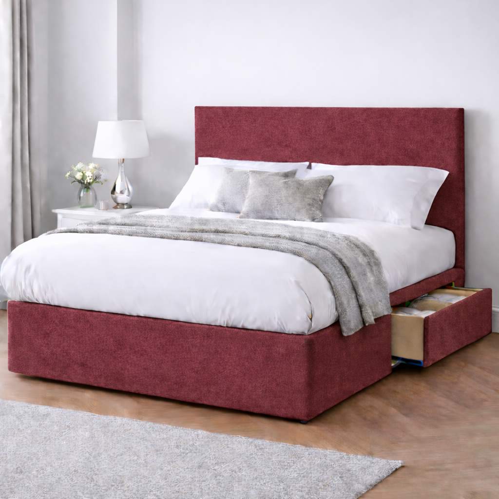 Chenille Bed with Headboard, Mattress & Drawer
