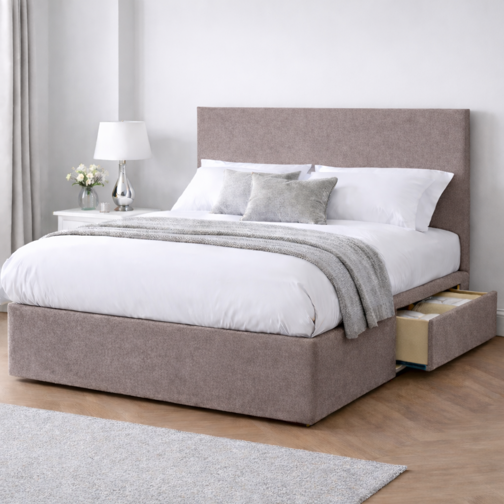 Chenille Bed with Headboard, Mattress & Drawer