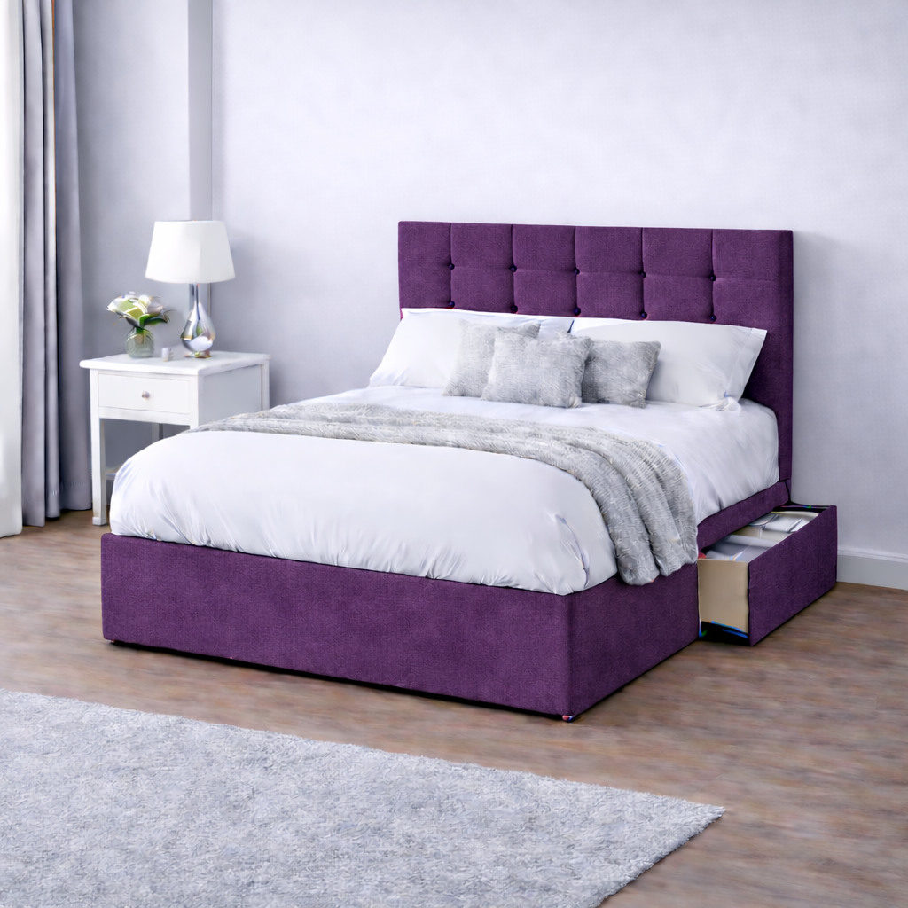 Chenille Bed with Headboard, Mattress & Drawer