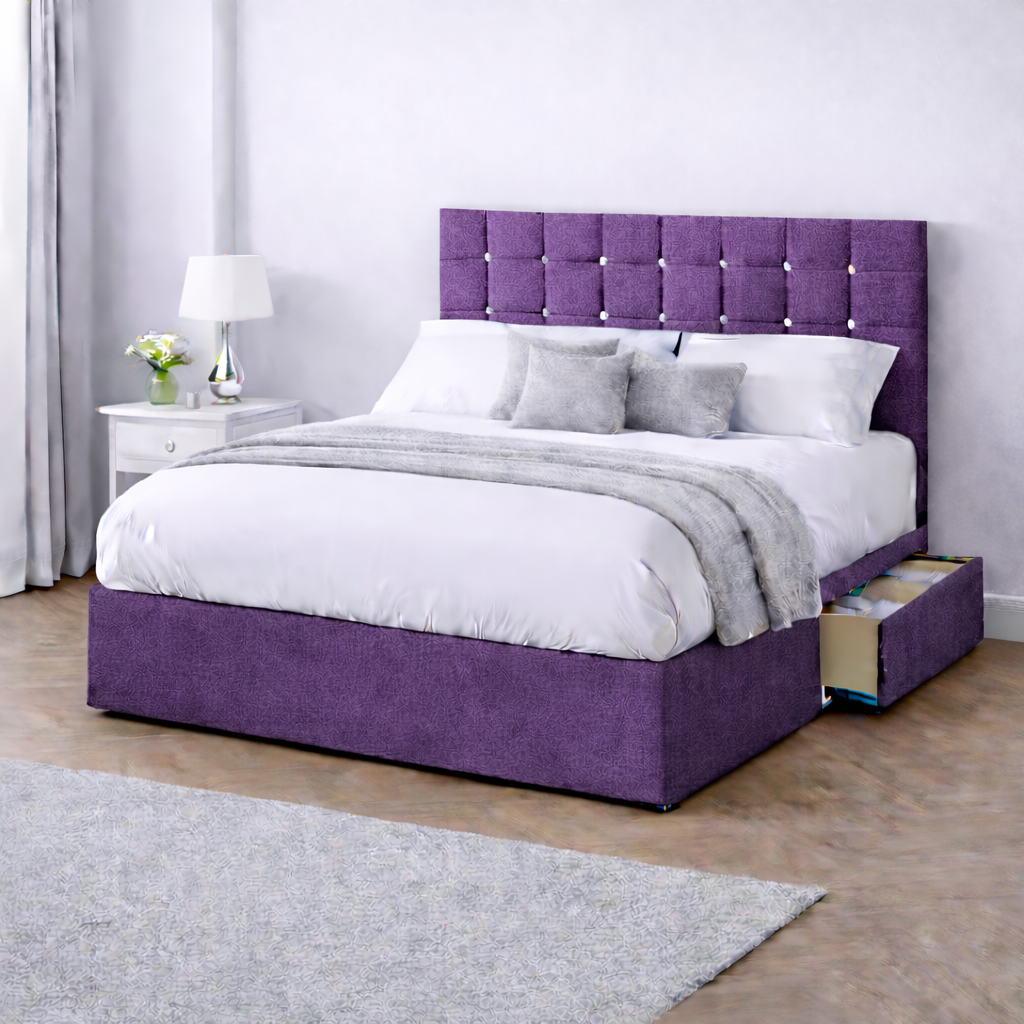 Chenille Bed with Headboard, Mattress & Drawer