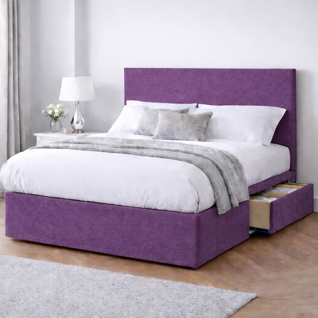 Chenille Bed with Headboard, Mattress & Drawer
