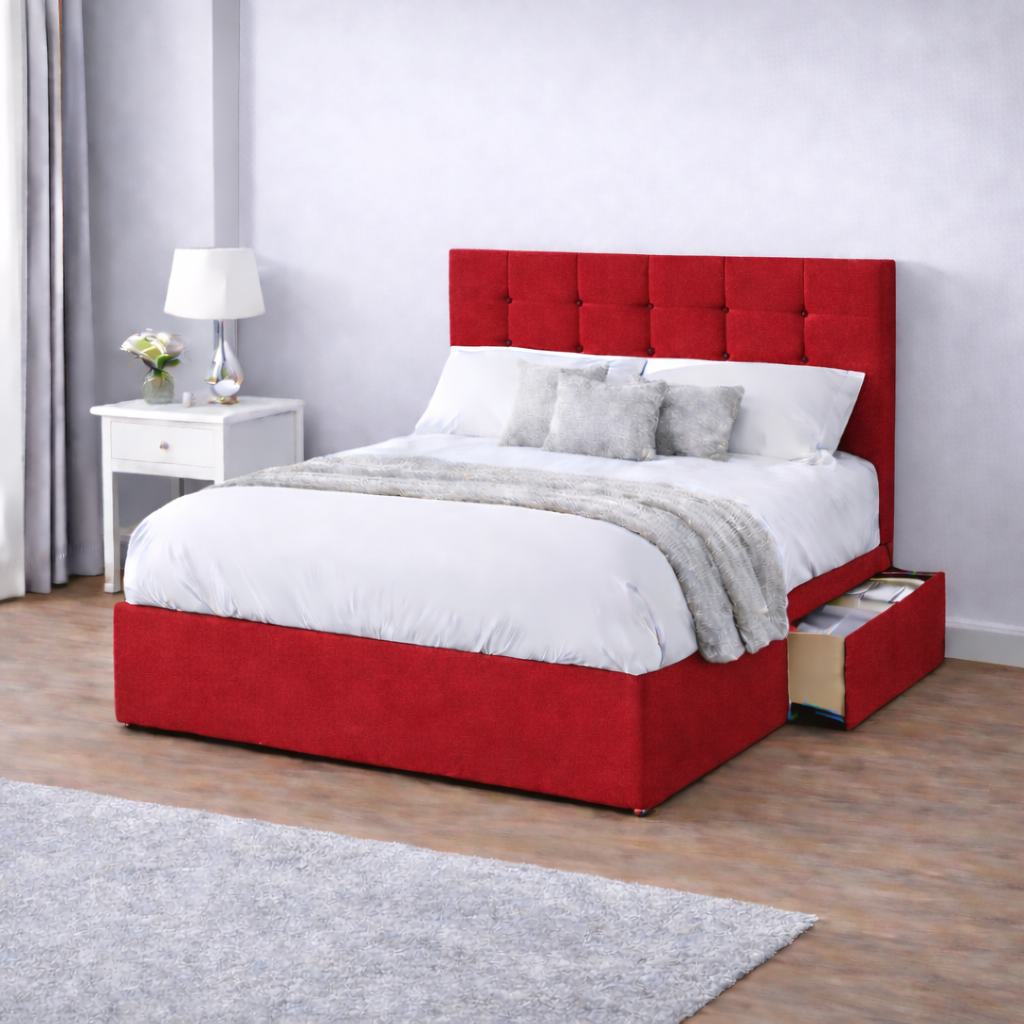 Chenille Bed with Headboard, Mattress & Drawer