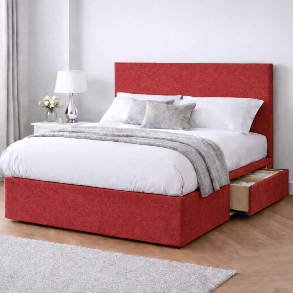 Chenille Bed with Headboard, Mattress & Drawer