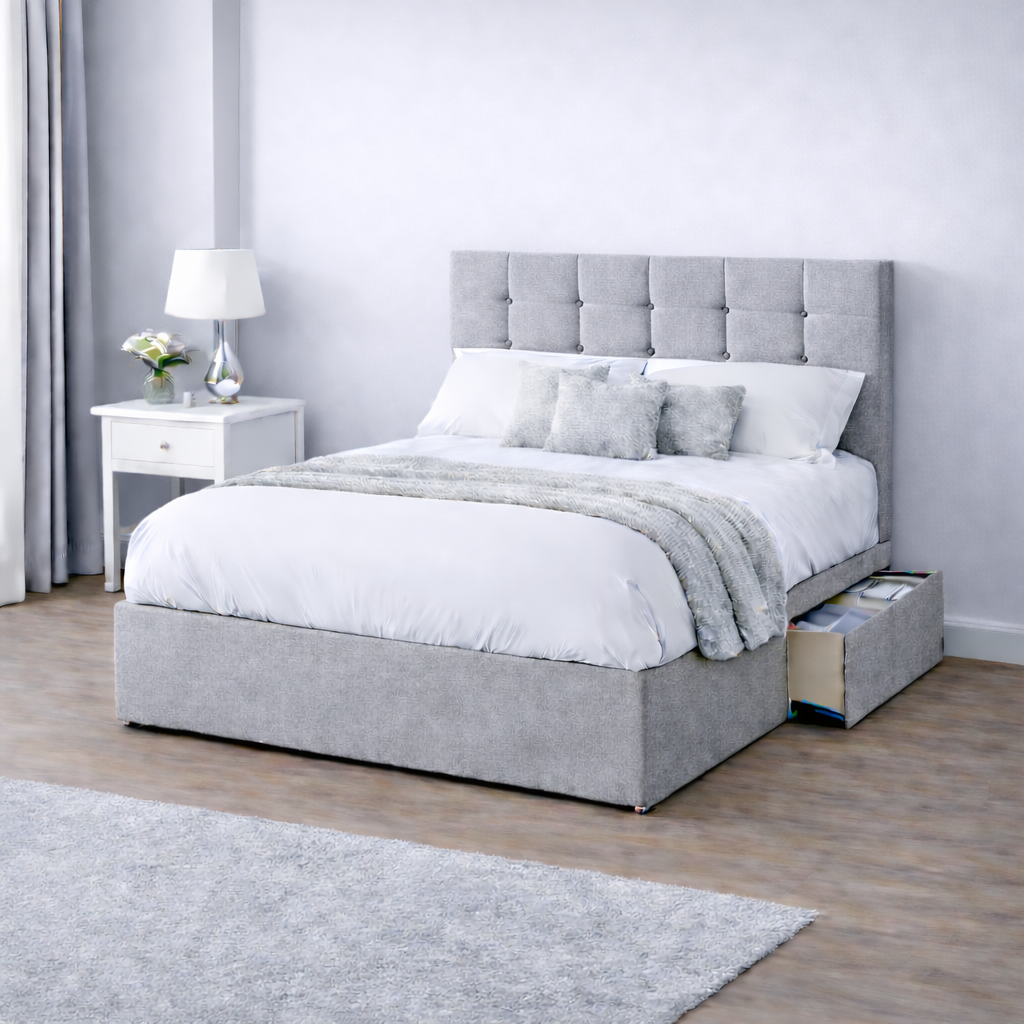Chenille Bed with Headboard, Mattress & Drawer