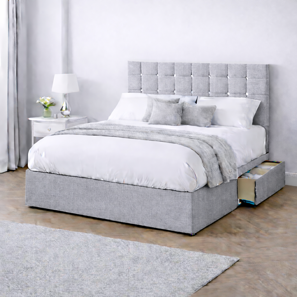 Chenille Bed with Headboard, Mattress & Drawer