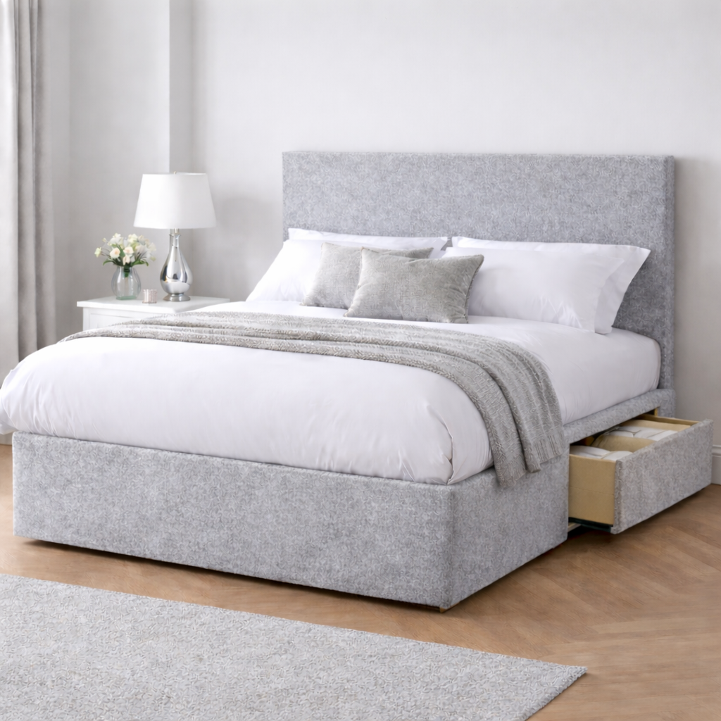 Chenille Bed with Headboard, Mattress & Drawer