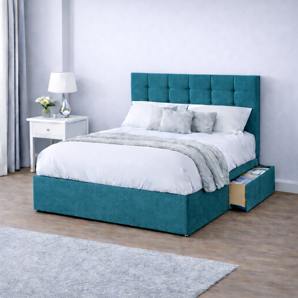 Chenille Bed with Headboard, Mattress & Drawer