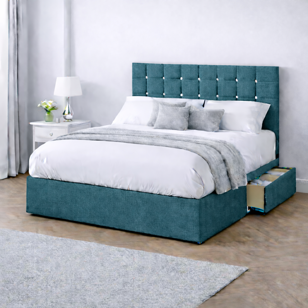 Chenille Bed with Headboard, Mattress & Drawer