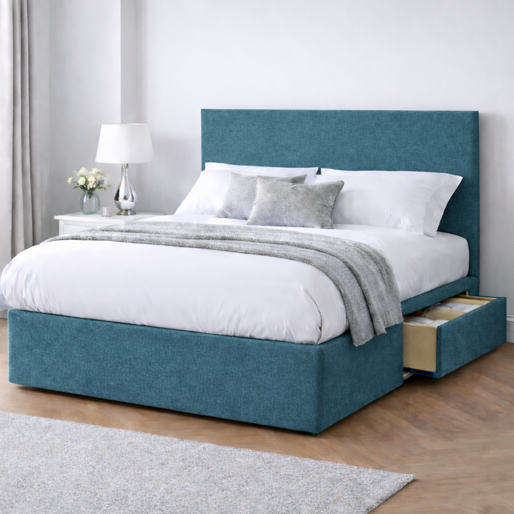 Chenille Bed with Headboard, Mattress & Drawer