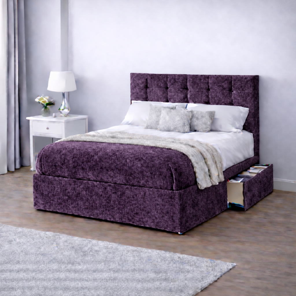 Crushed Velvet Bed with Headboard, Mattress & Drawer