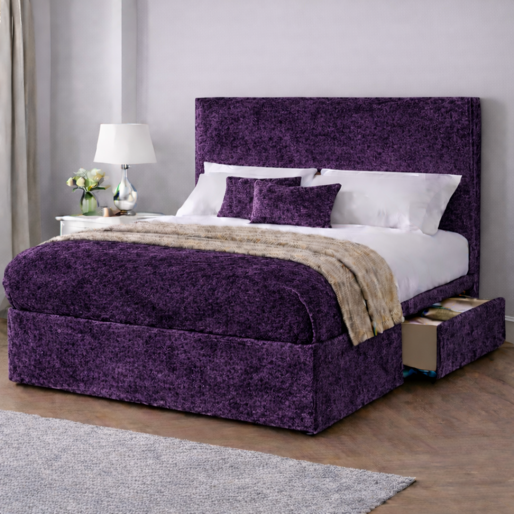Crushed Velvet Bed with Headboard, Mattress & Drawer