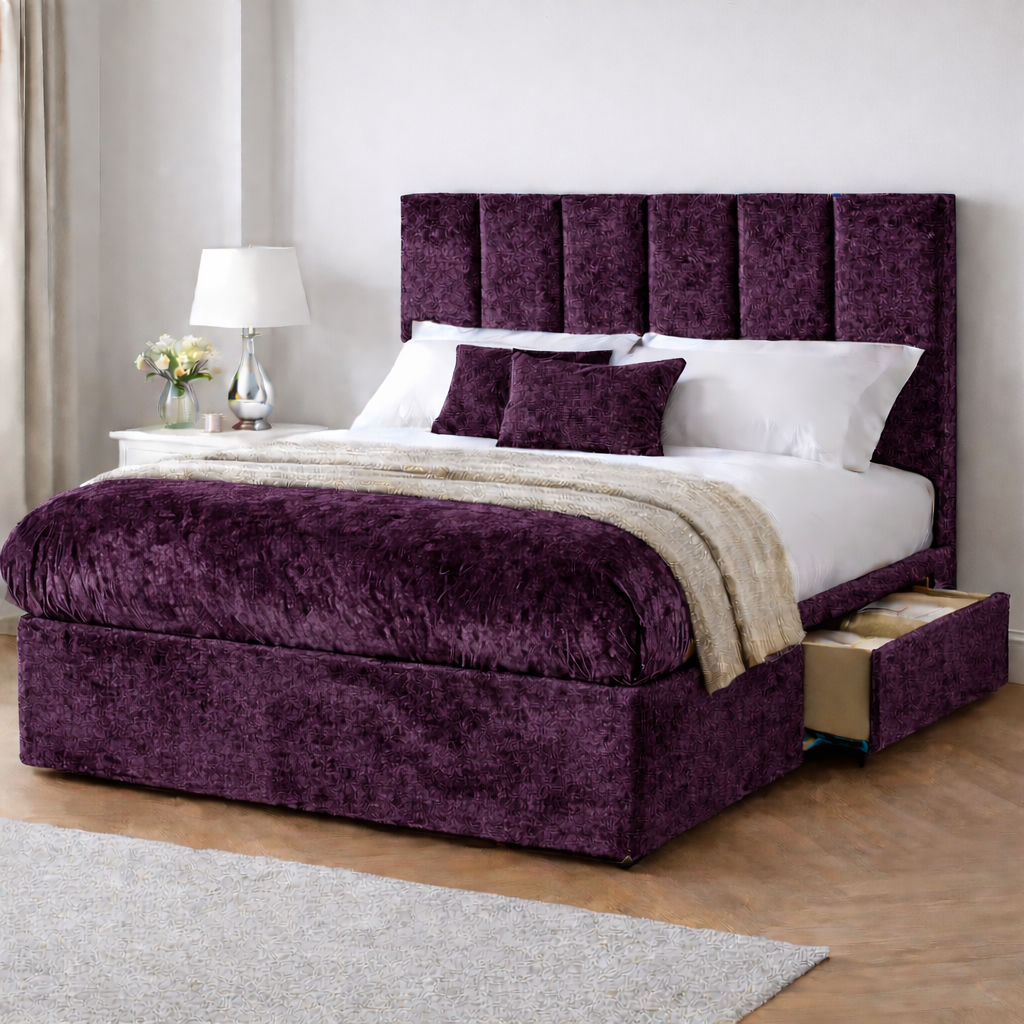Crushed Velvet Bed with Headboard, Mattress & Drawer