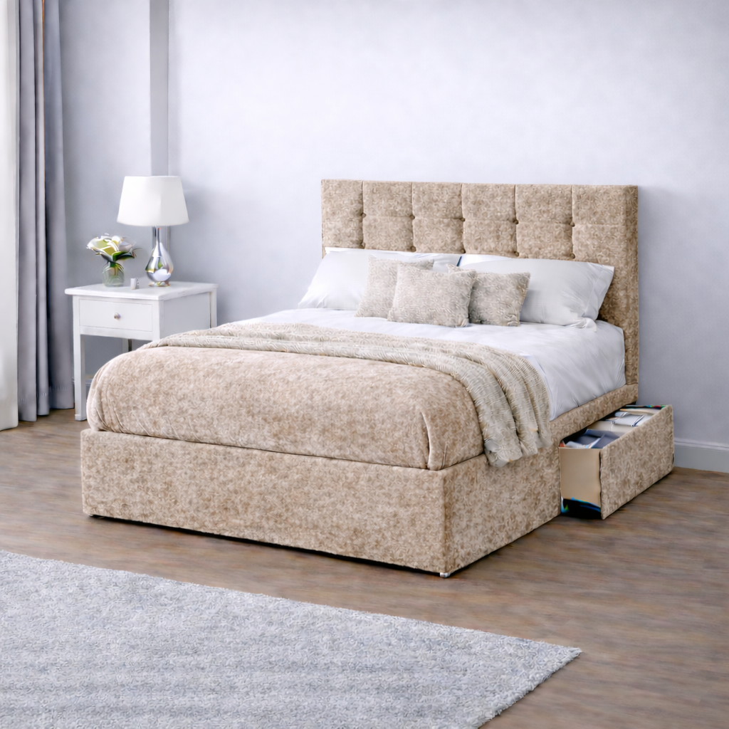 Crushed Velvet Bed with Headboard, Mattress & Drawer