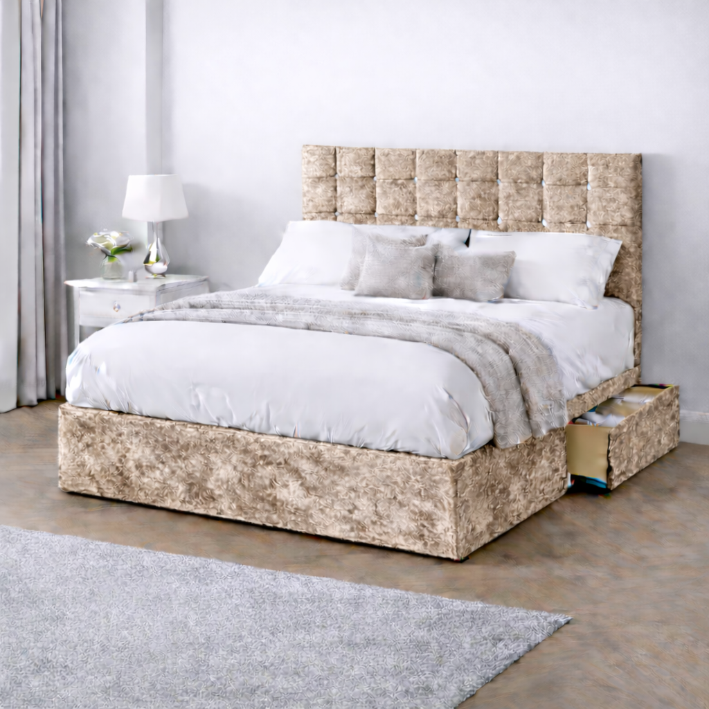 Crushed Velvet Bed with Headboard, Mattress & Drawer