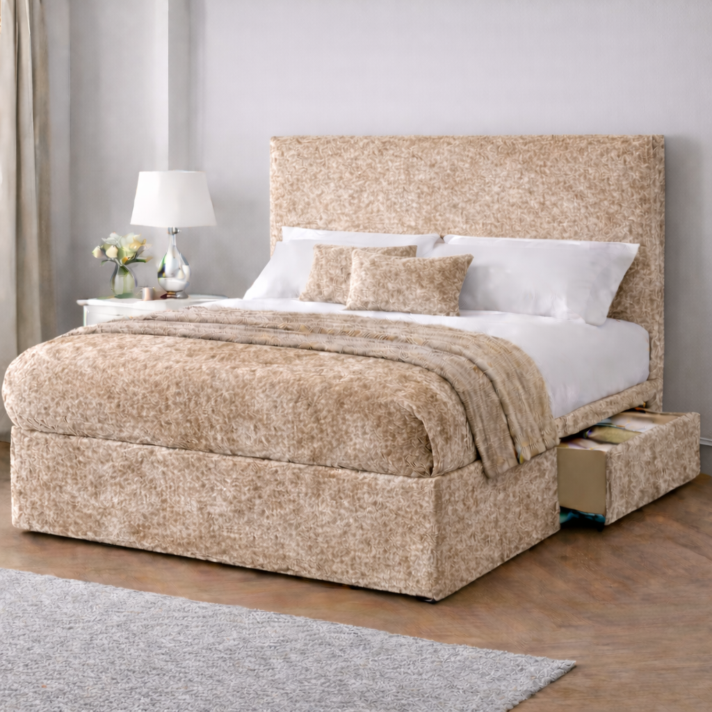 Crushed Velvet Bed with Headboard, Mattress & Drawer