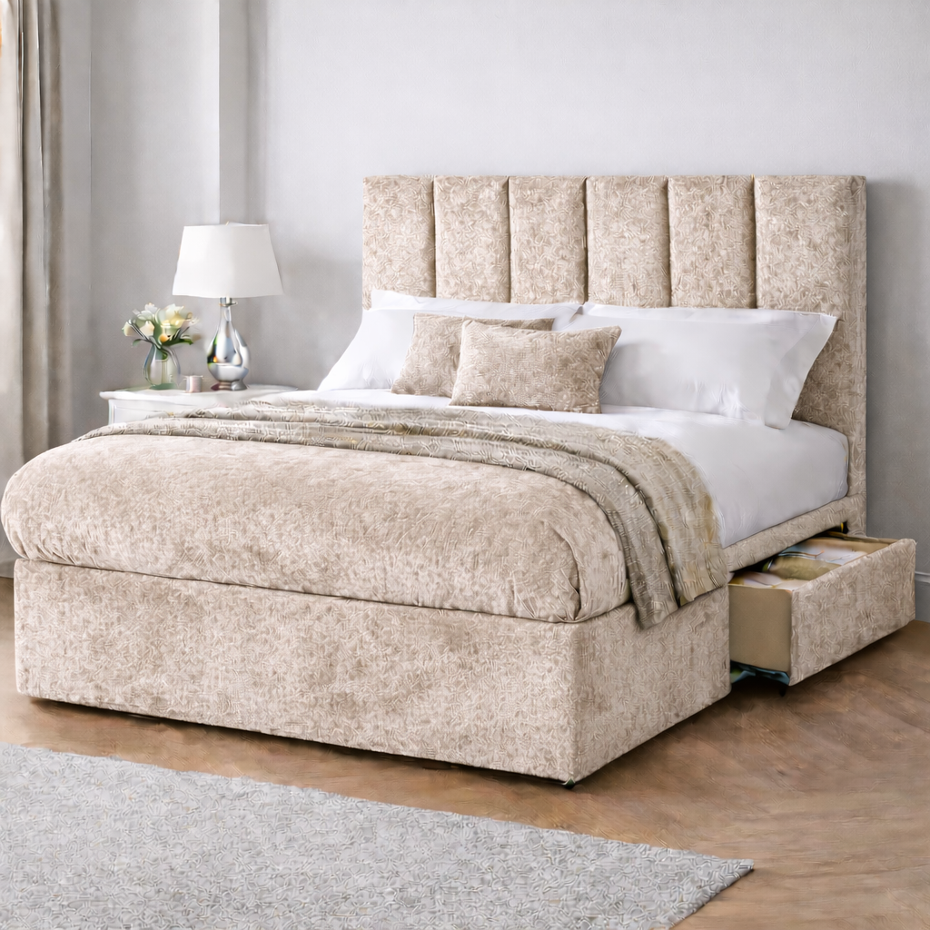 Crushed Velvet Bed with Headboard, Mattress & Drawer