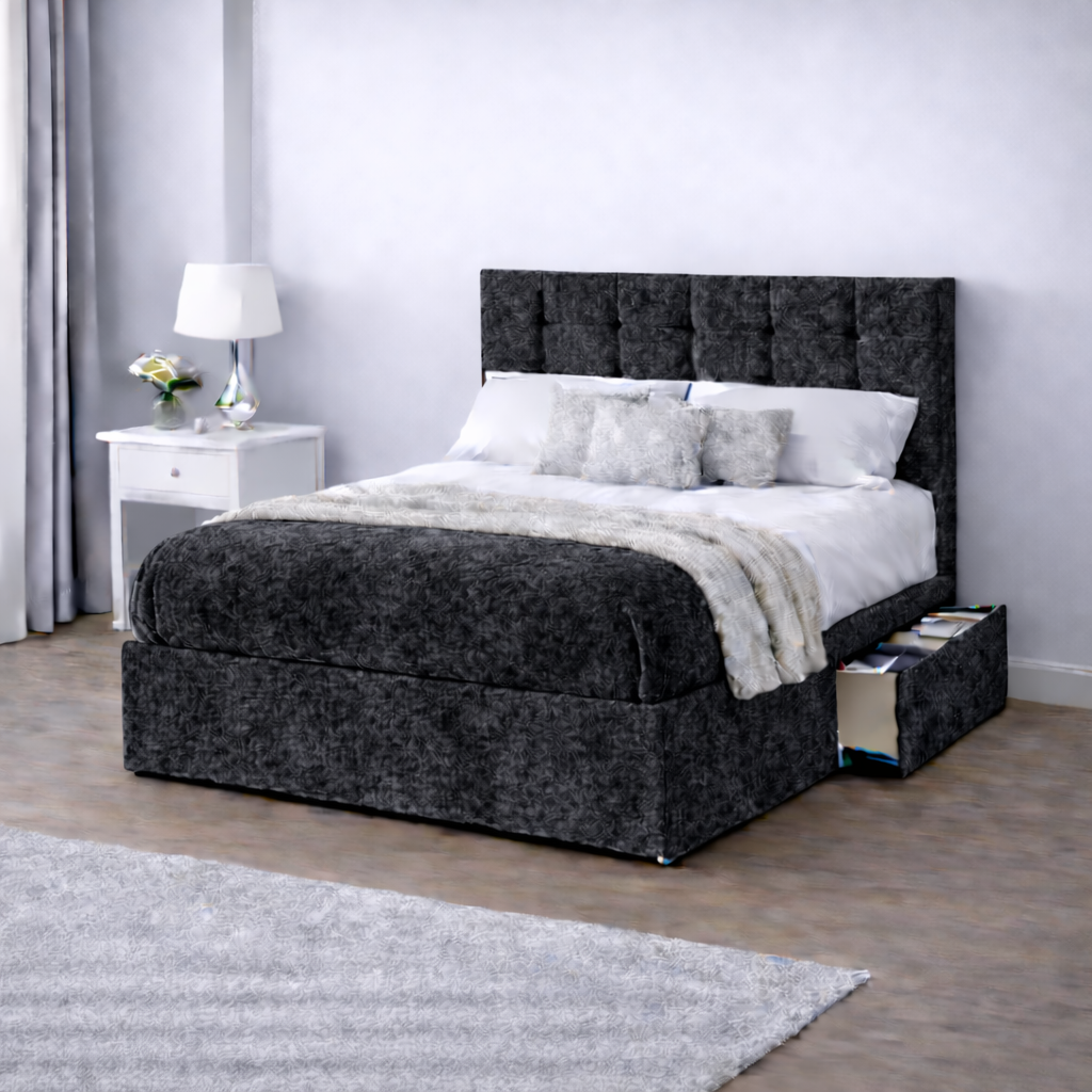 Crushed Velvet Bed with Headboard, Mattress & Drawer
