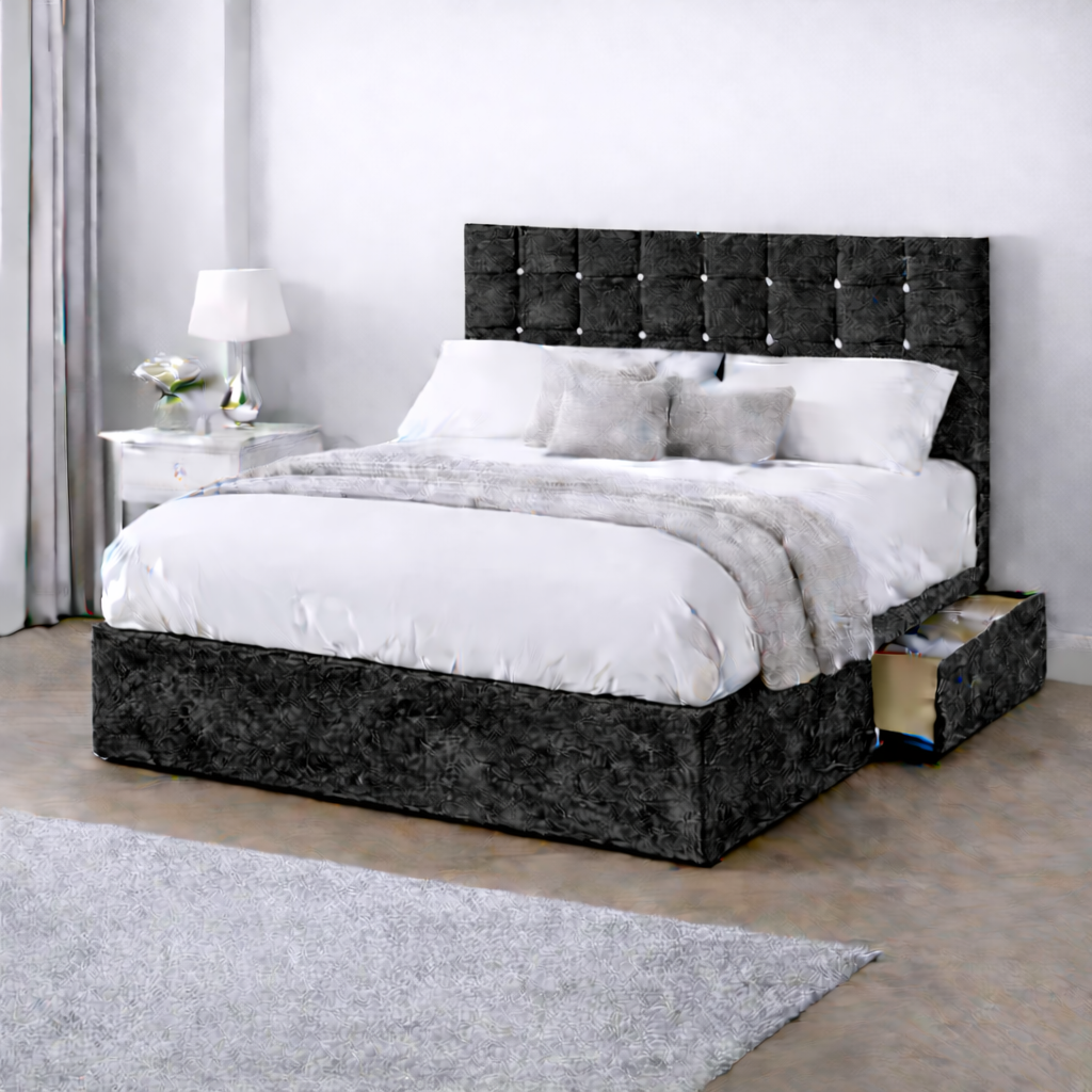 Crushed Velvet Bed with Headboard, Mattress & Drawer