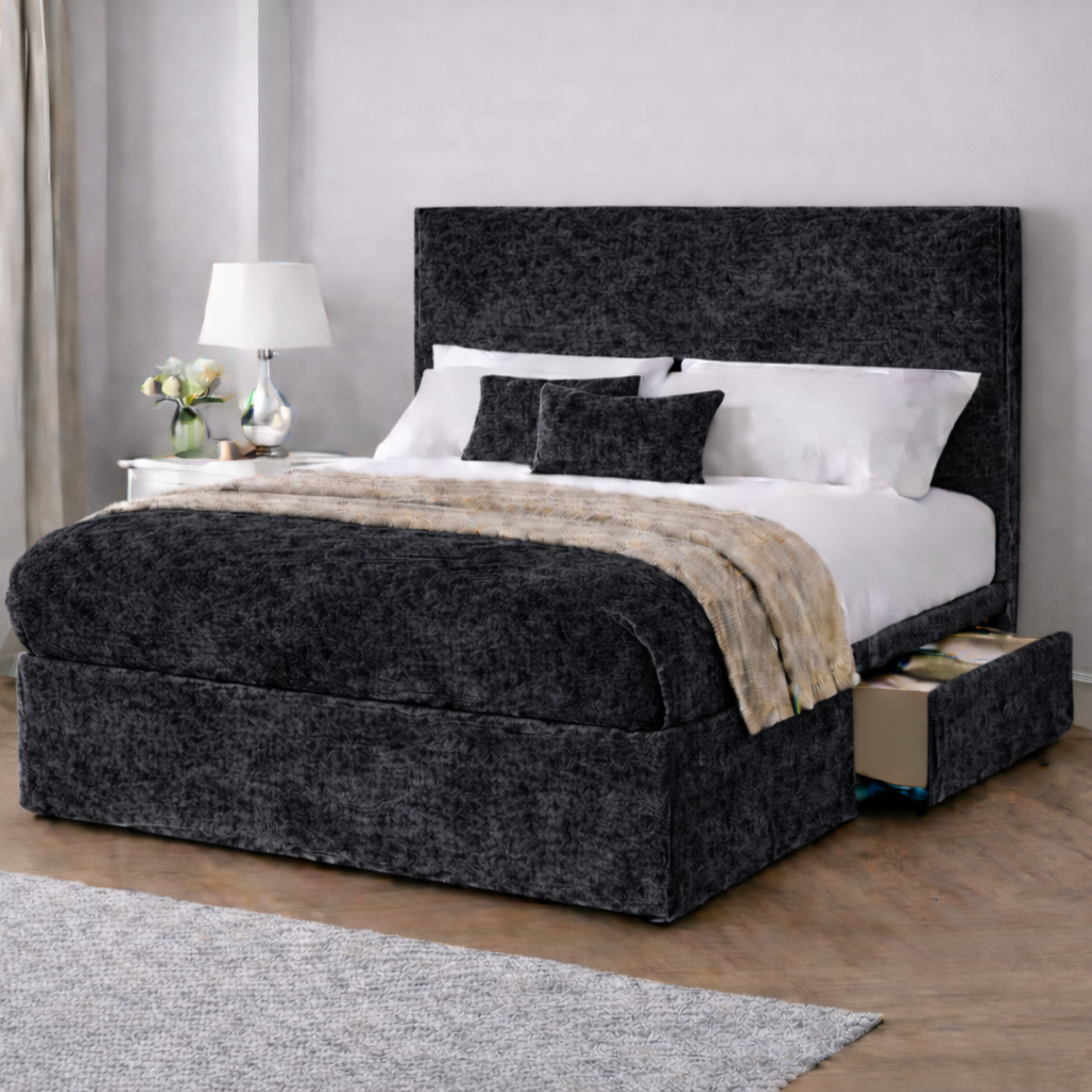 Crushed Velvet Bed with Headboard, Mattress & Drawer
