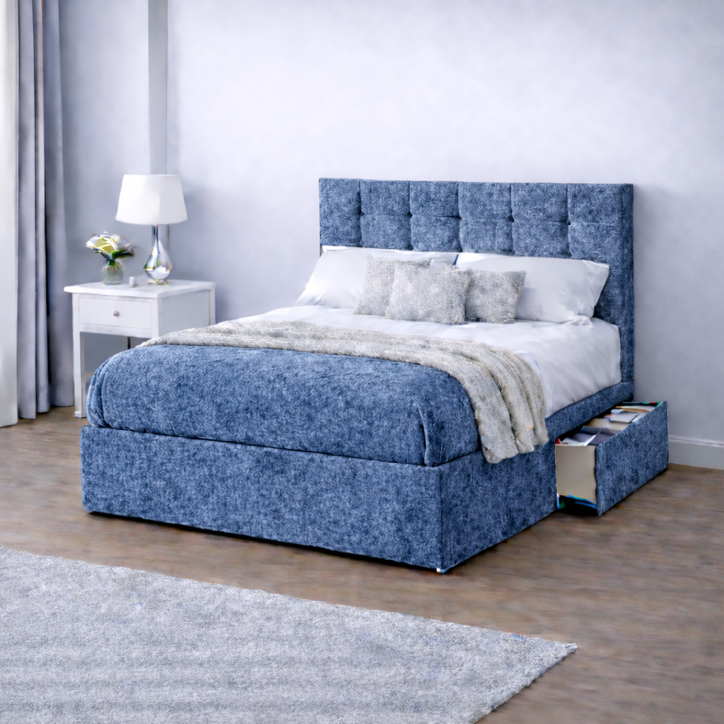 Crushed Velvet Bed with Headboard, Mattress & Drawer