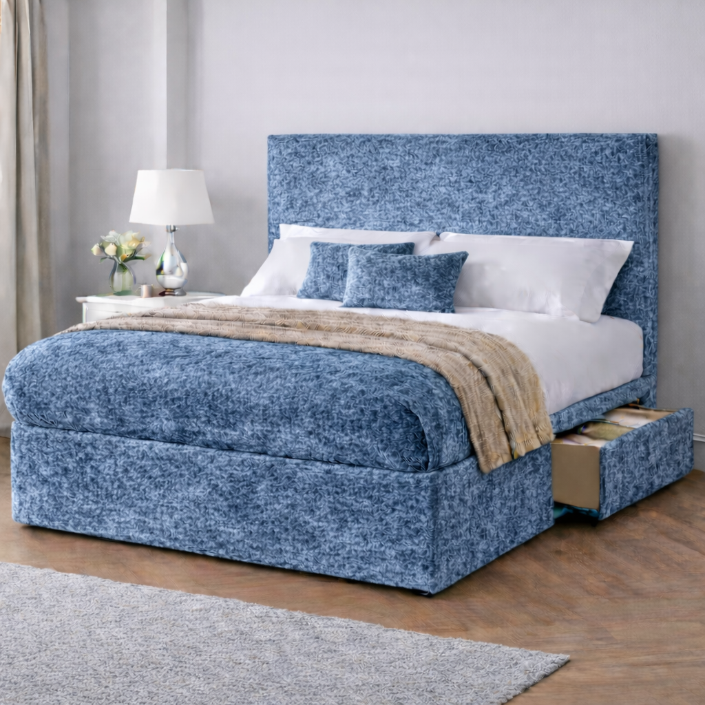 Crushed Velvet Bed with Headboard, Mattress & Drawer
