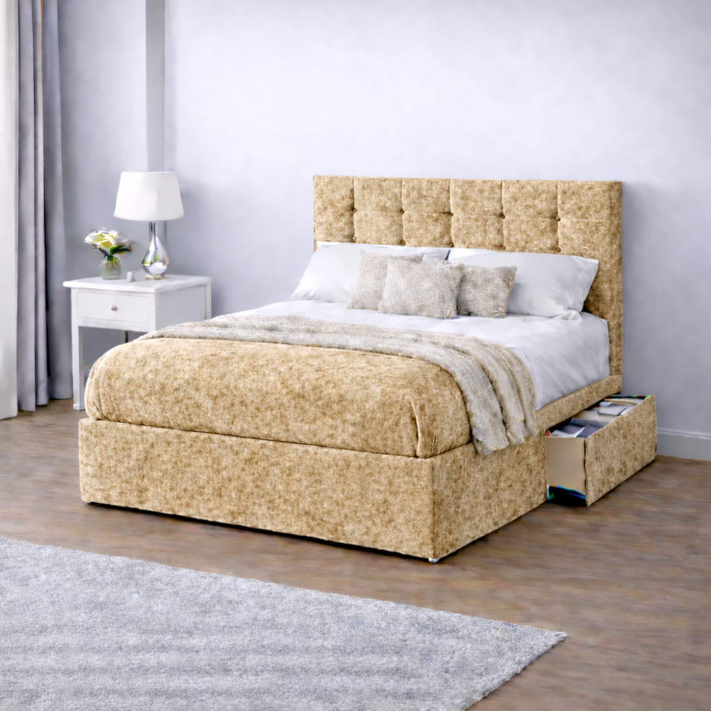 Crushed Velvet Bed with Headboard, Mattress & Drawer