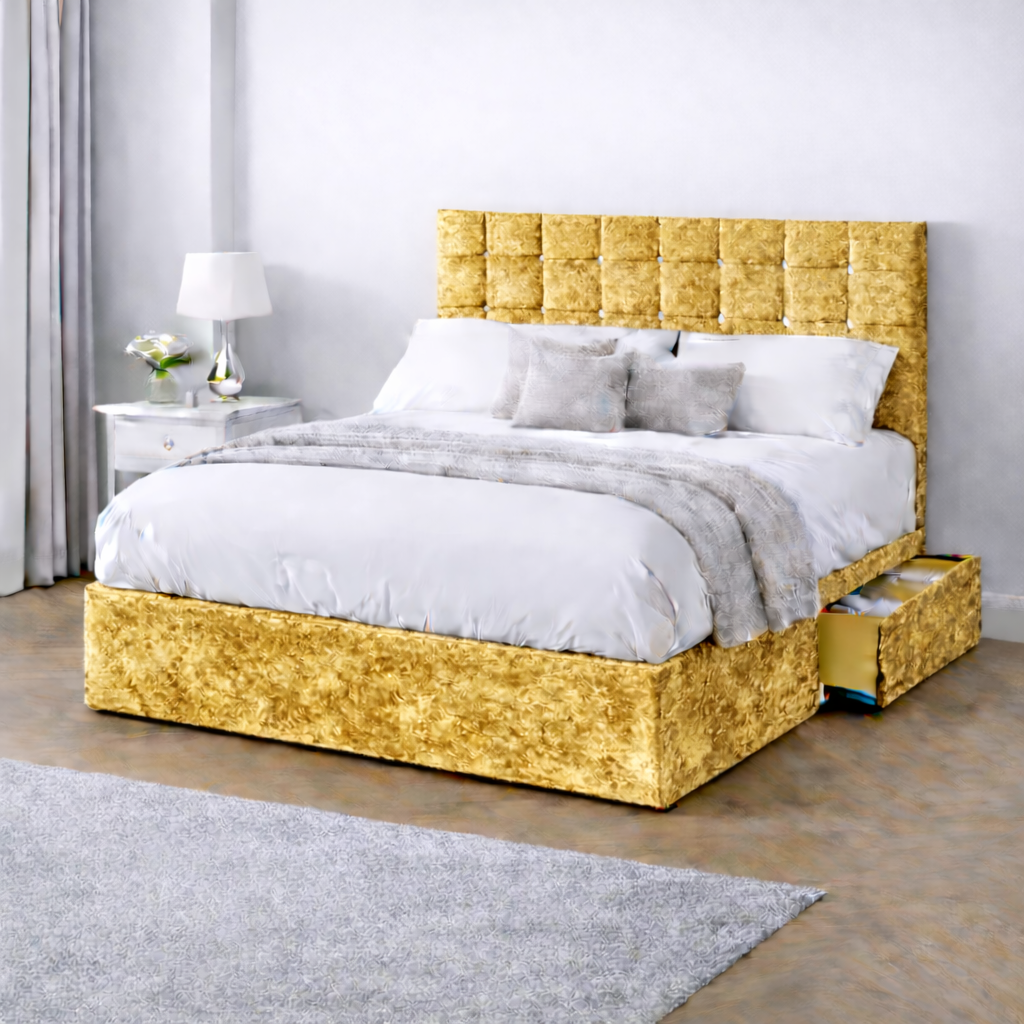Crushed Velvet Bed with Headboard, Mattress & Drawer