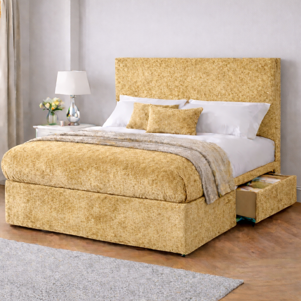 Crushed Velvet Bed with Headboard, Mattress & Drawer