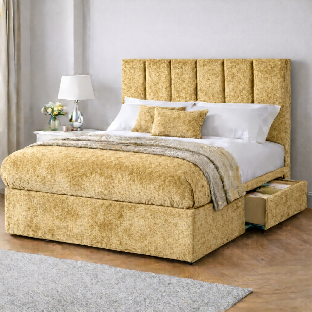Crushed Velvet Bed with Headboard, Mattress & Drawer