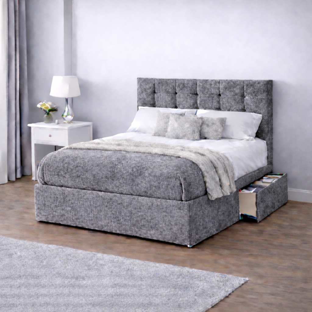 Crushed Velvet Bed with Headboard, Mattress & Drawer