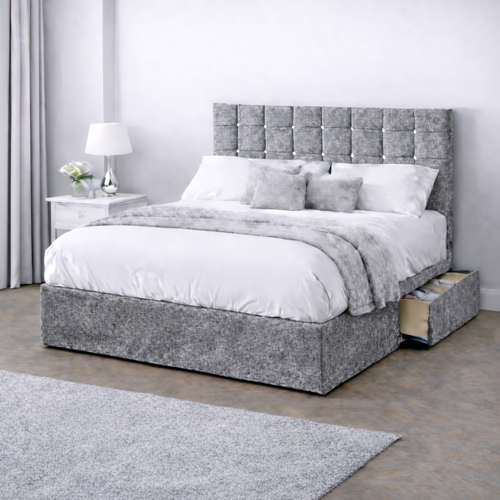 Crushed Velvet Bed with Headboard, Mattress & Drawer